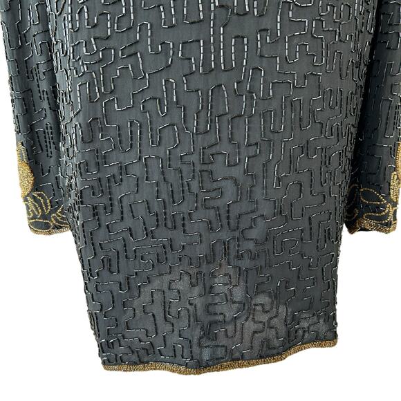 Land Mark Silk Beaded Jacket Medium Black Gold Glam Holiday Party Goth Vintage - Picture 7 of 16